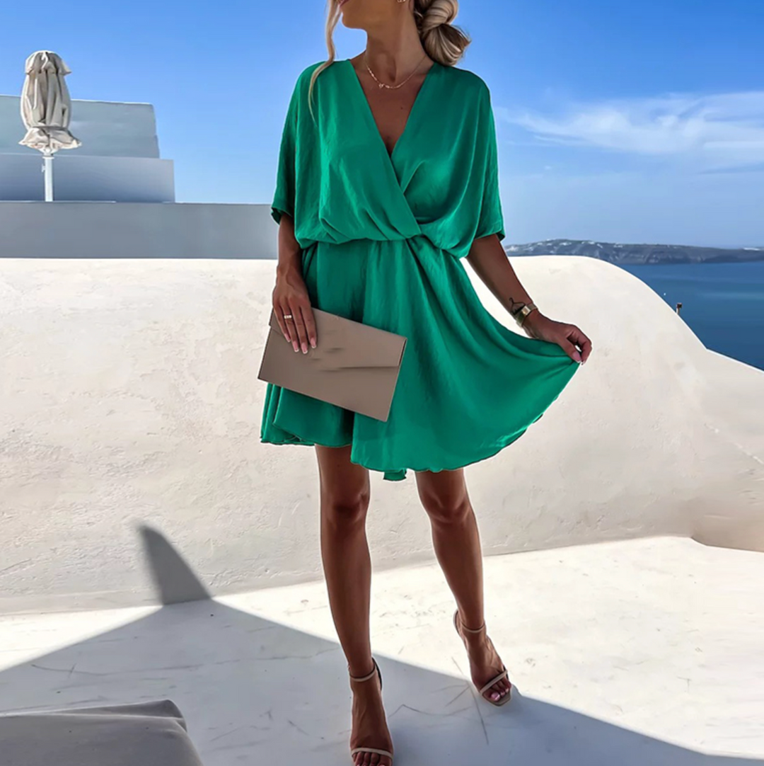 Jana | Damen V-Ausschnitt Mini-Kleid mit kurzen Ärmeln