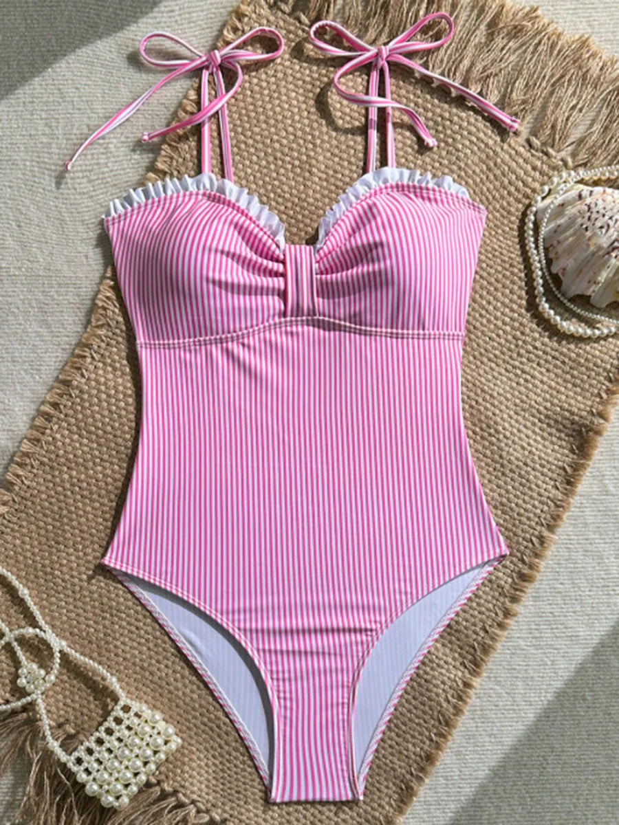 Elena | Women's One-Piece Swimsuit Striped with Ruffle Neckline