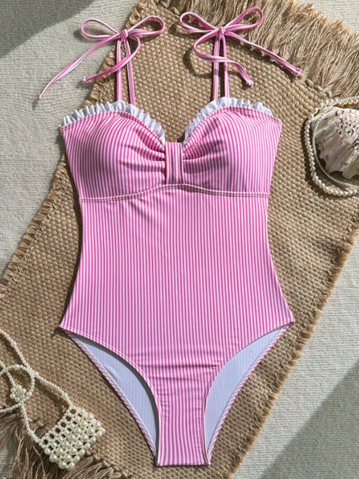 Elena | Women's One-Piece Swimsuit Striped with Ruffle Neckline