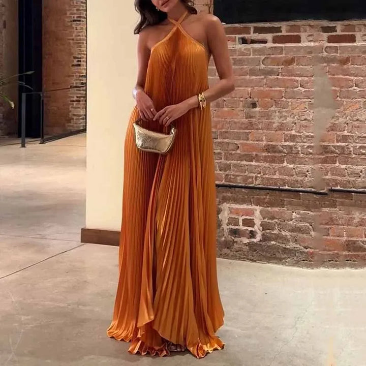 Mira - Chic Pleated Halterneck Maxi Dress