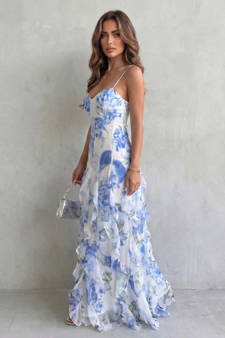 Sestina | Damen Maxikleid mit Blumenmuster und Rüschen