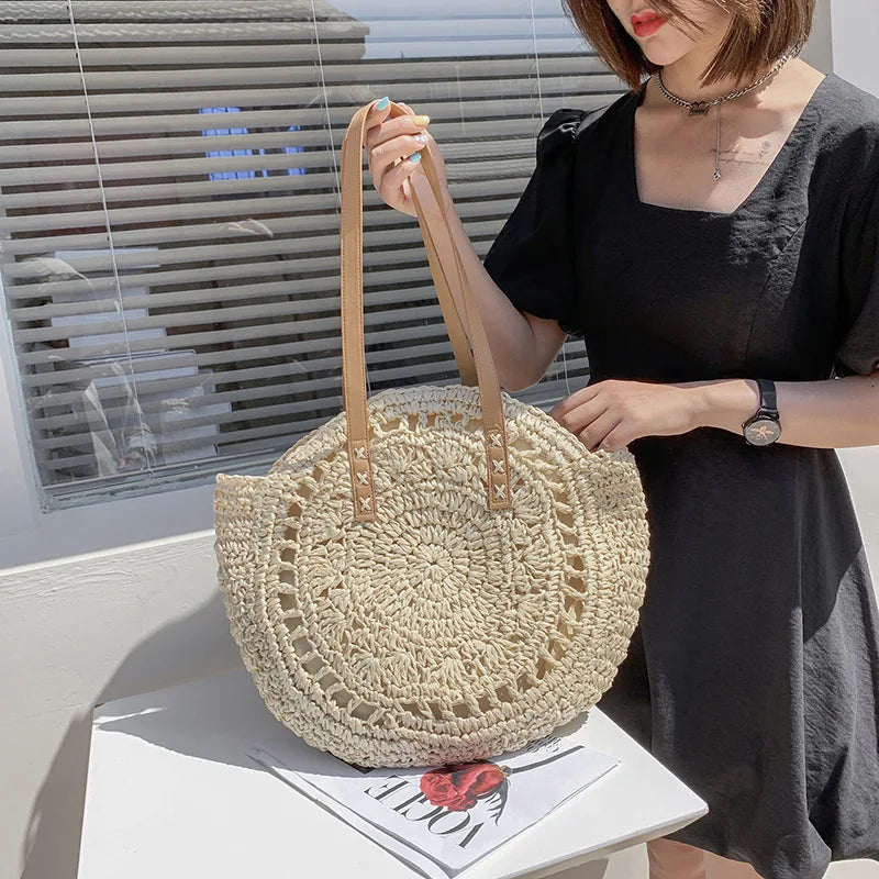 Arnora | Round Braided Handbag with Faux Leather Handles