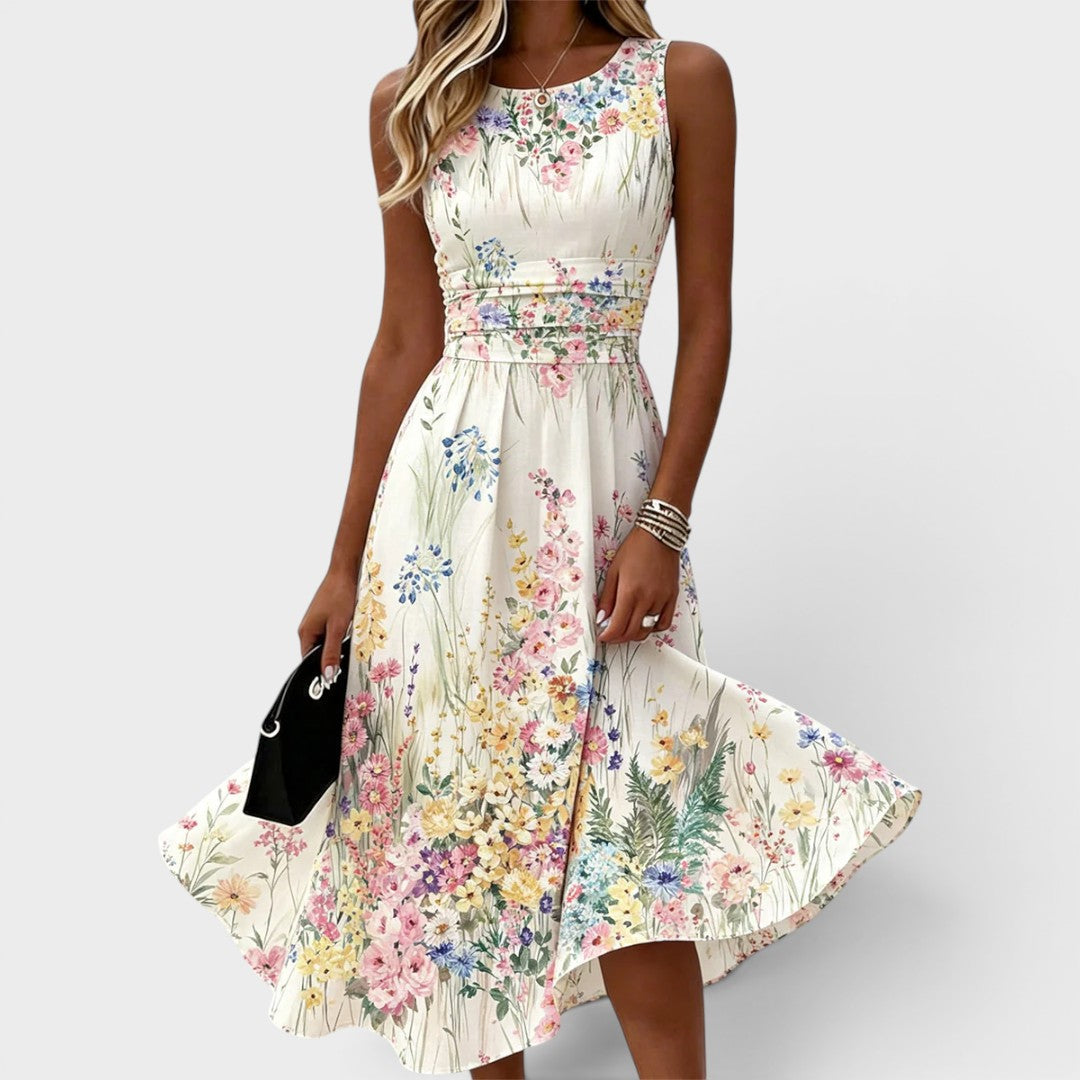 Kimberly | Damen Rundhals Ärmelloses Blumen Midi Kleid