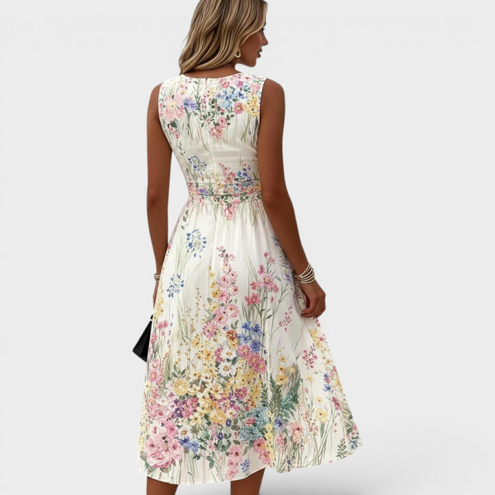 Kimberly | Damen Rundhals Ärmelloses Blumen Midi Kleid