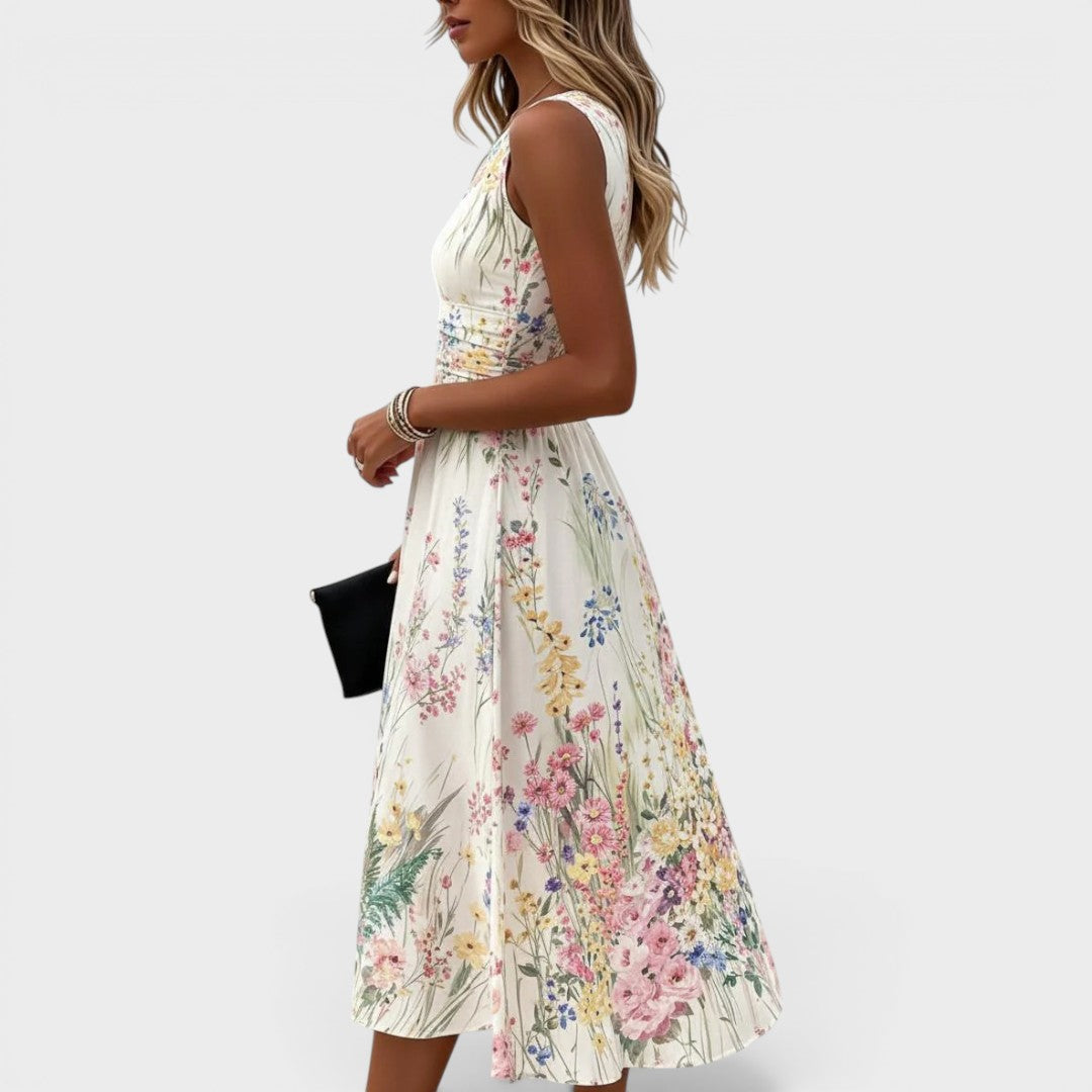 Kimberly | Damen Rundhals Ärmelloses Blumen Midi Kleid