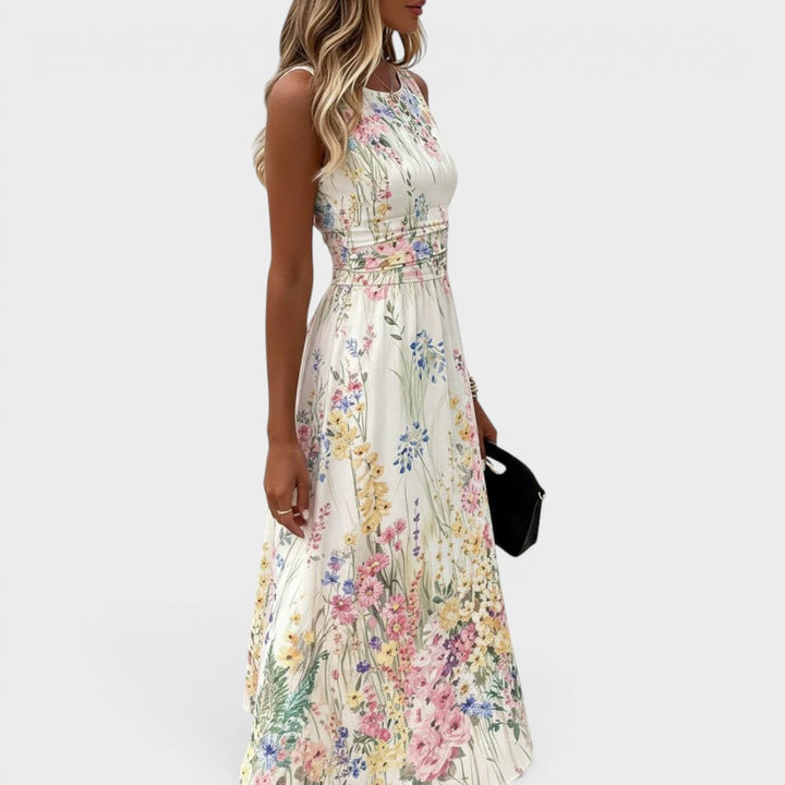 Kimberly | Damen Rundhals Ärmelloses Blumen Midi Kleid