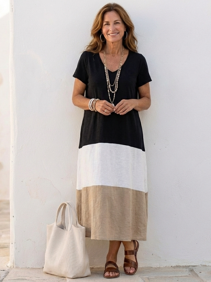 Thalia | Short Sleeve Color Block V-Neck Midi Dress
