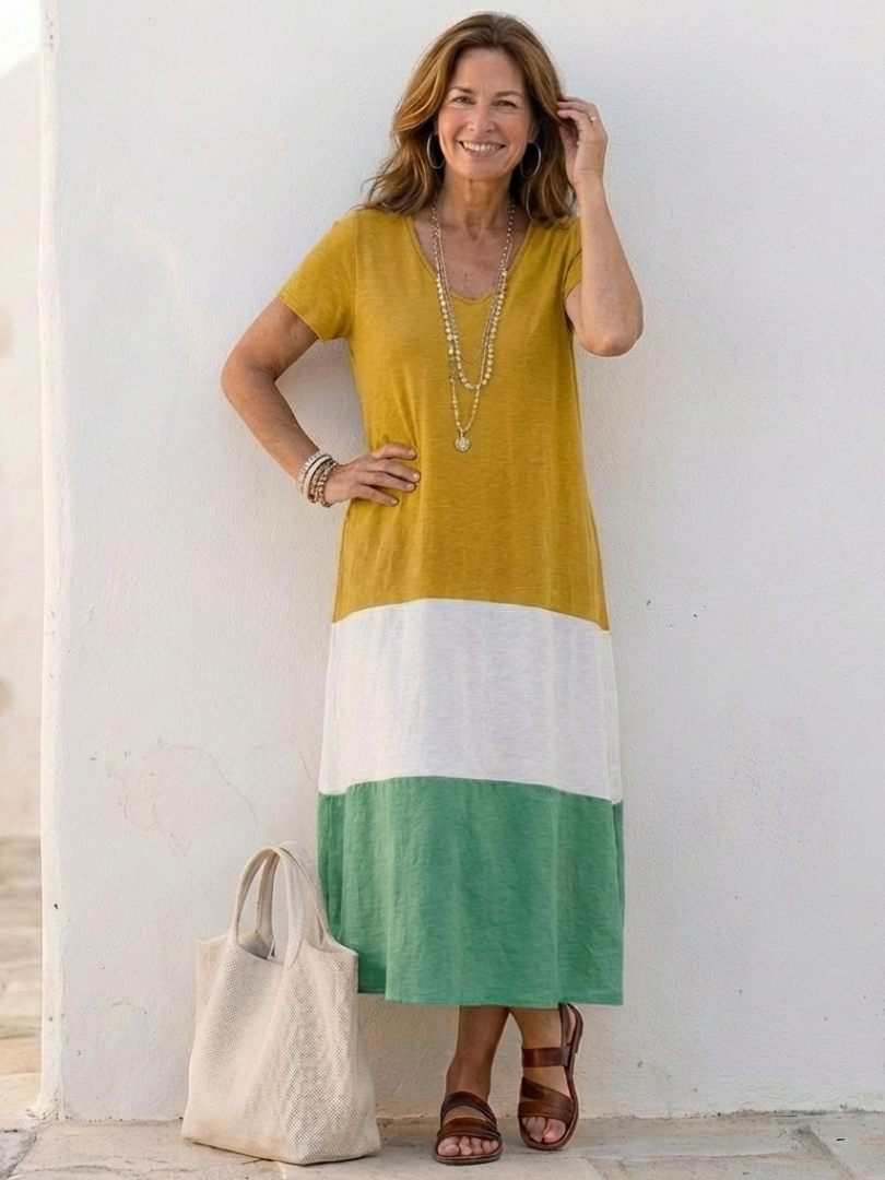 Thalia | Short Sleeve Color Block V-Neck Midi Dress