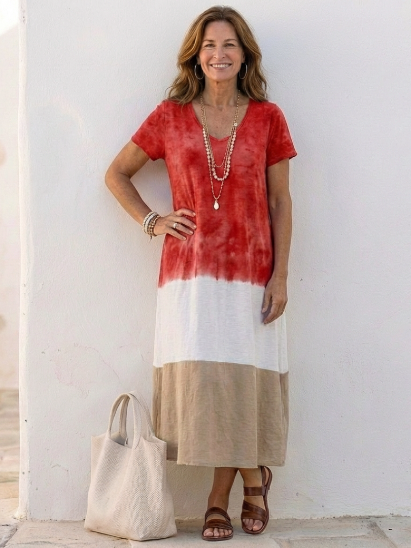 Thalia | Short Sleeve Color Block V-Neck Midi Dress