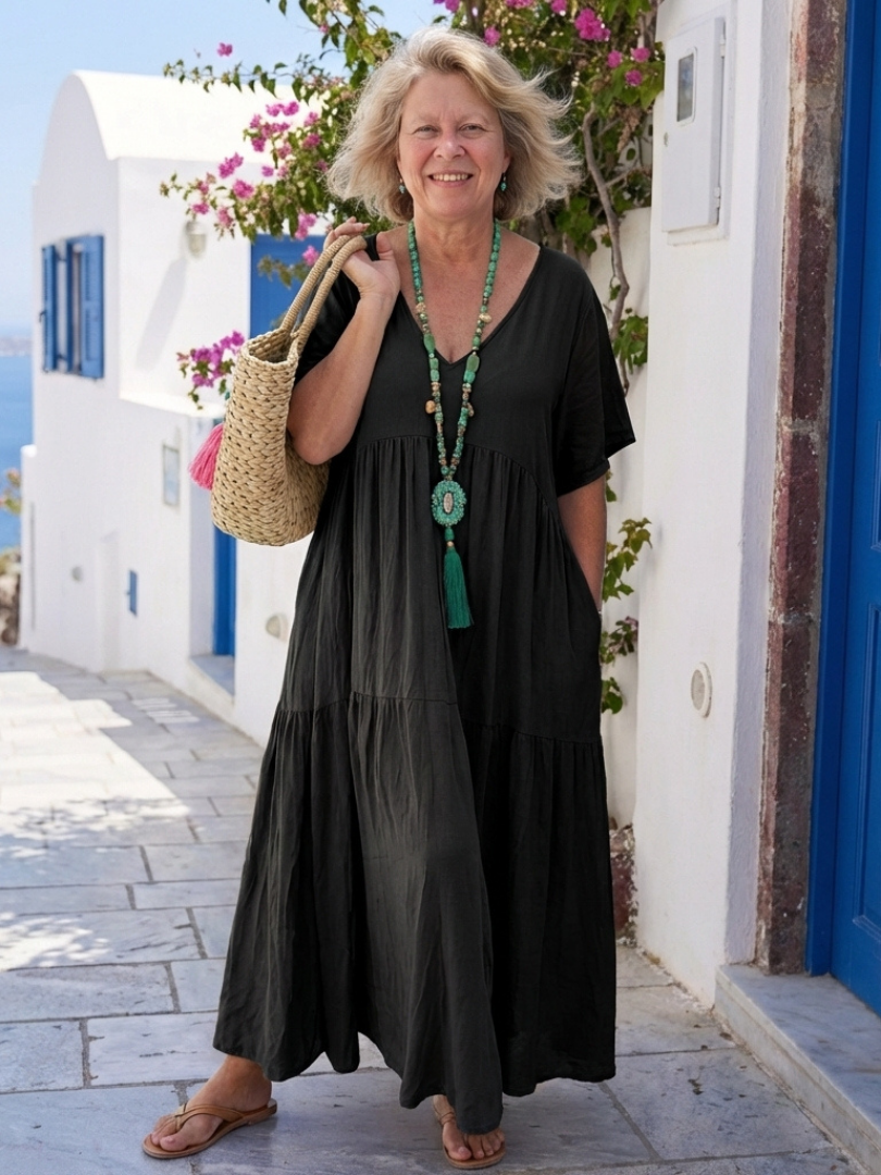 Zinnia | Short-Sleeved Tiered Blue Maxi Dress