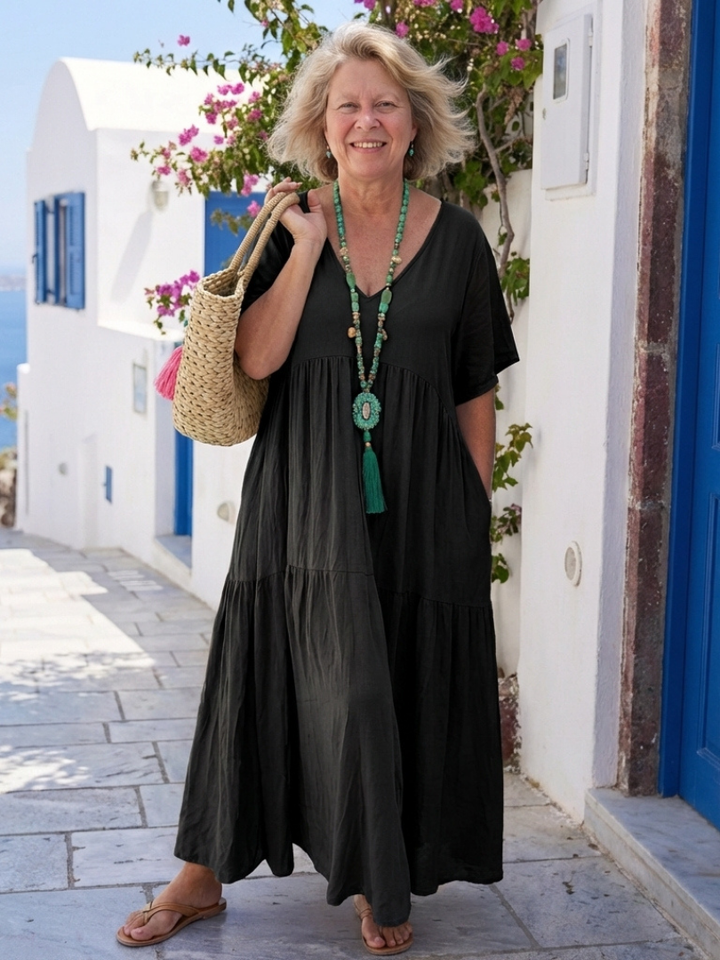 Zinnia | Short-Sleeved Tiered Blue Maxi Dress