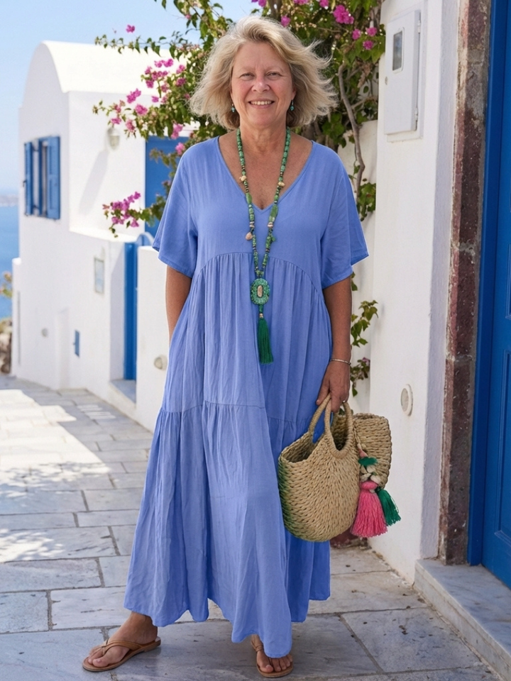 Zinnia | Short-Sleeved Tiered Blue Maxi Dress