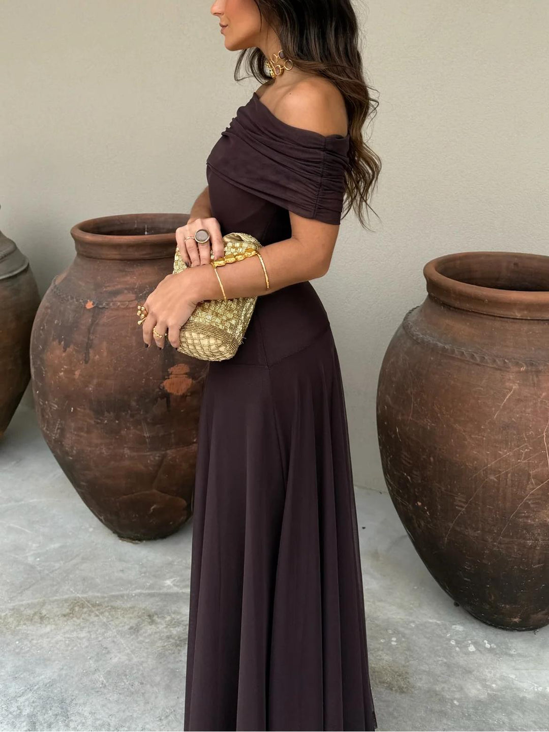Damen Off-Shoulder Maxikleid mit kurzen Ärmeln