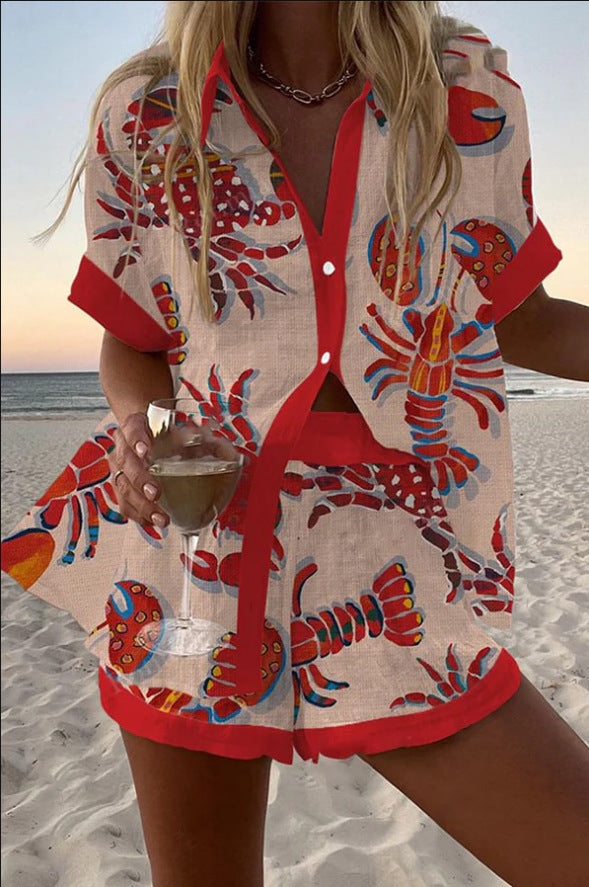 Daphira™ | Short Linen Set with Lobster Print.