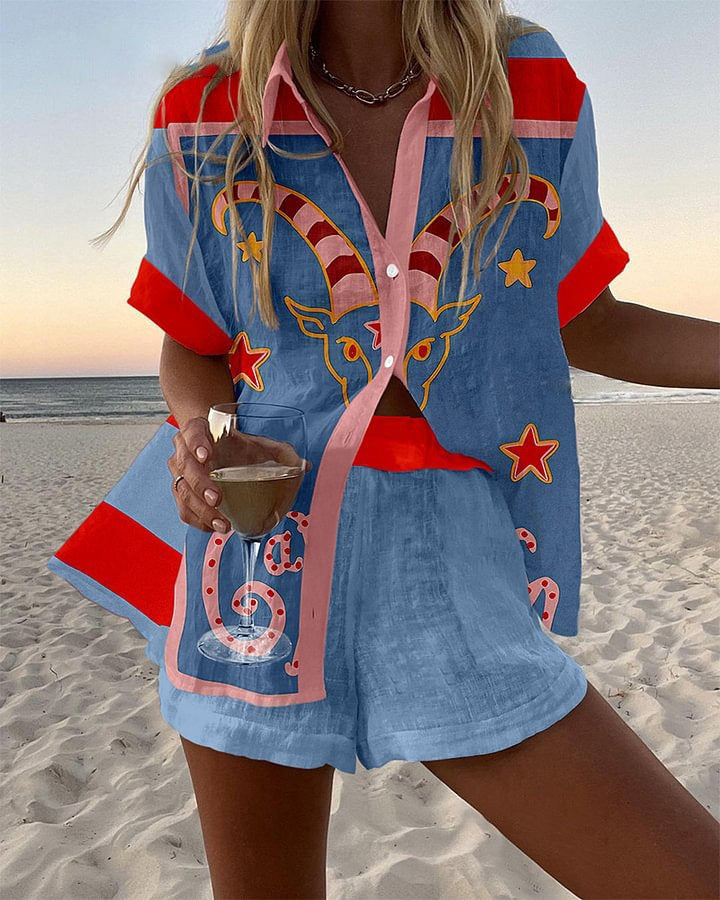 Jorelle™ | Short Linen Set with Goat Motif.