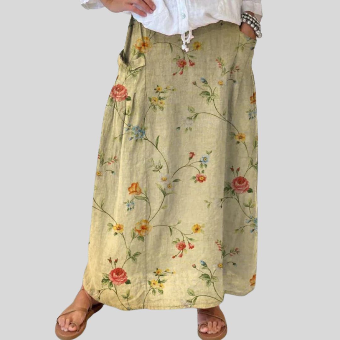 Elegant Retro Floral Skirt for Women with Elastic Waistband and Pockets