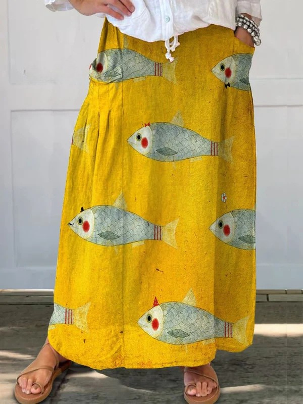 Women's Vintage Fish Art Print Linen A-Line Skirt