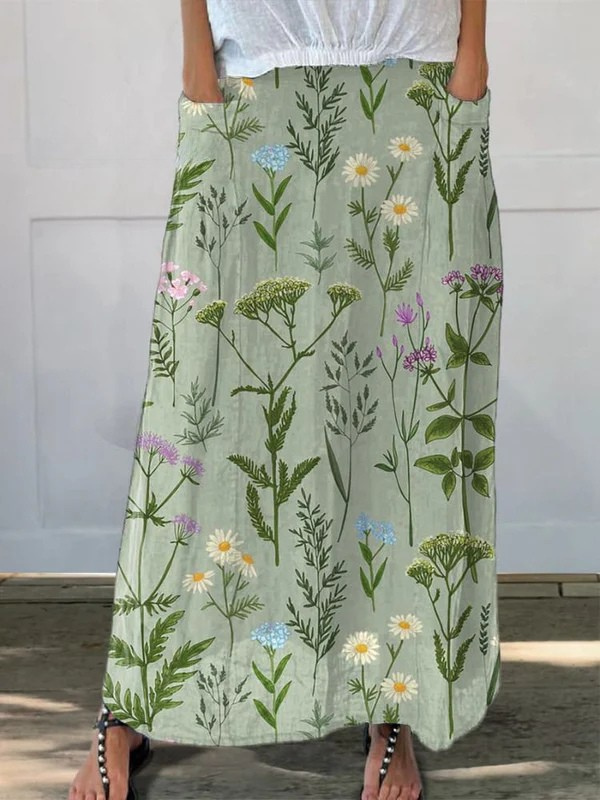 Enriched Spring Field Repeat Pattern Printed Women's Linen Skirt with Pockets