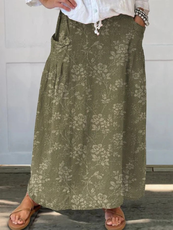 Women's Vintage Floral Linen Skirt with Elastic Waistband and Pockets