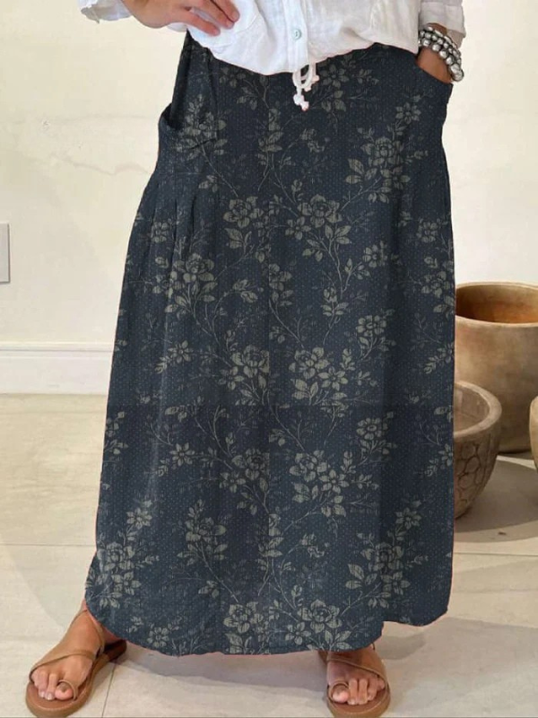 Women's Vintage Floral Linen Skirt with Elastic Waistband and Pockets