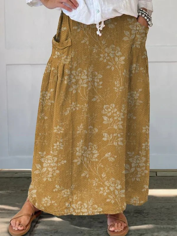 Women's Vintage Floral Linen Skirt with Elastic Waistband and Pockets