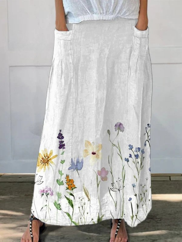 Watercolor Spring Meadow Art Printed Women's Linen Elastic Waist Pocket Skirt
