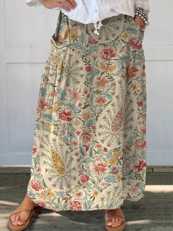 Women's Vintage Floral Art Print Linen Pocket Skirt