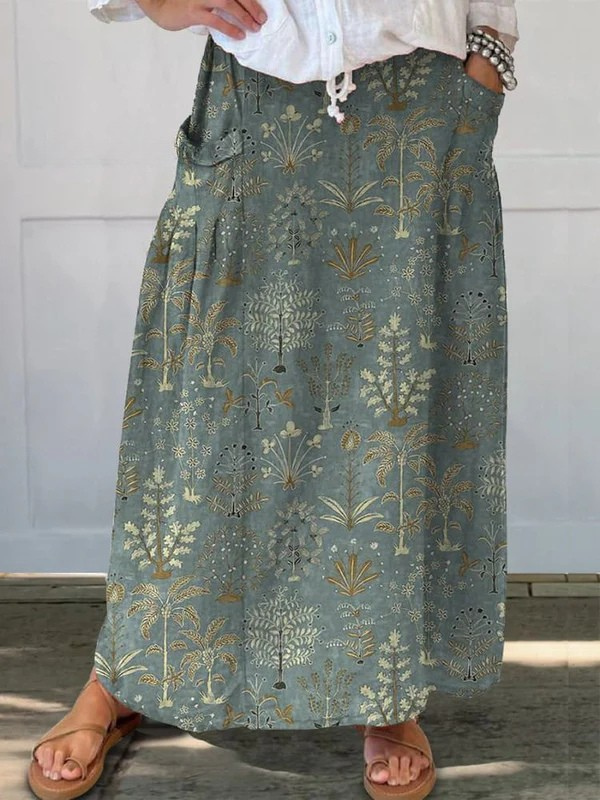 Printed rock with forest vegetation pattern for women, elastic waistband, with pockets