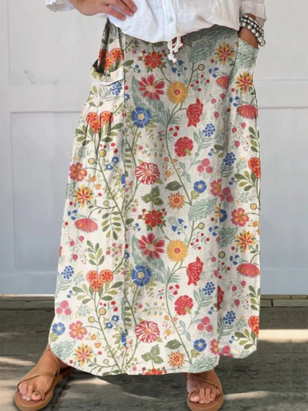 Women's linen skirt with floral print, elastic waistband, and pockets