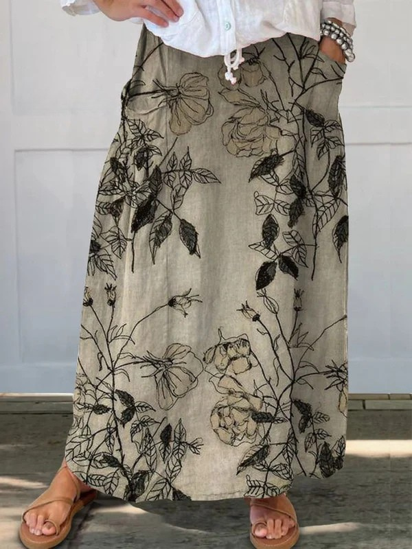 Women's Retro Floral Art Linen Elastic Waist Skirt with Pockets