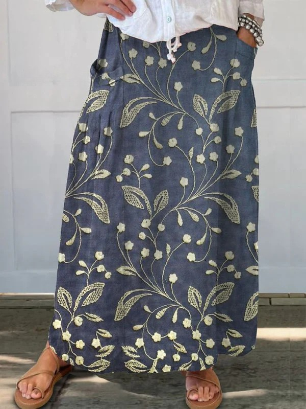 Women's Retro Floral Art Linen Elastic Waist Skirt with Pockets