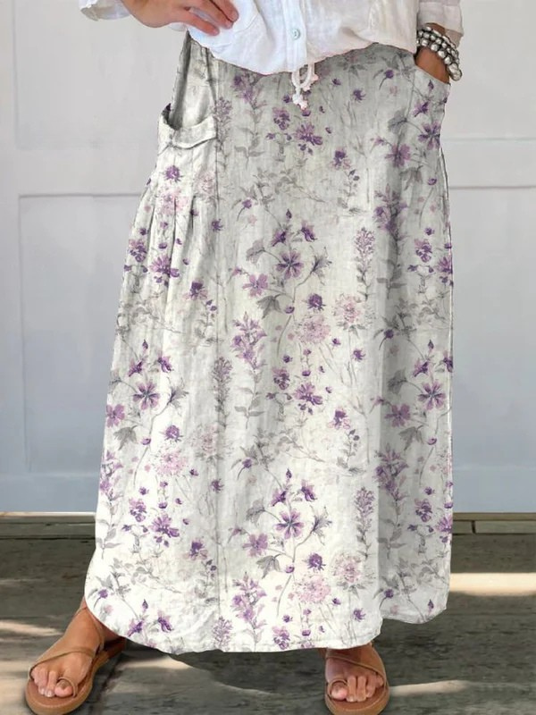 Women's Vintage Floral Art Linen Elastic Waist Pocket Skirt
