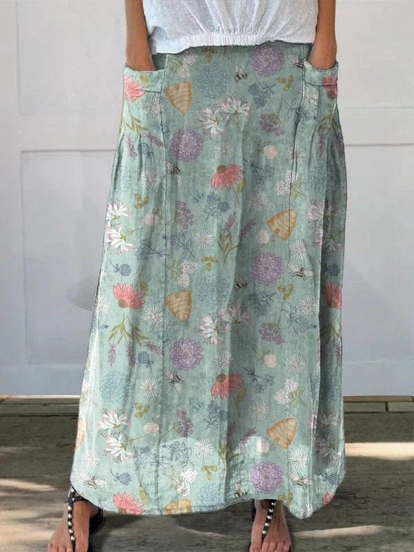 Blooming Spring Flower and Bumblebee Pattern Printed Women's Linen Skirt with Pockets