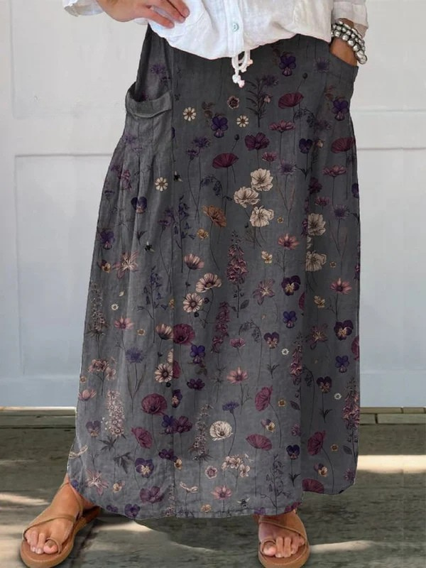 Women's Floral Art Print Linen Pocket Skirt