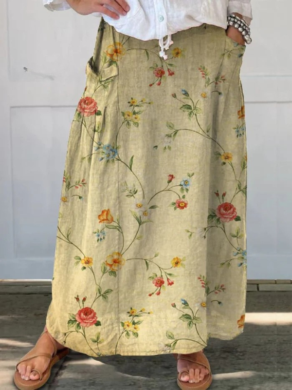 Elegant Retro Floral Skirt for Women with Elastic Waistband and Pockets