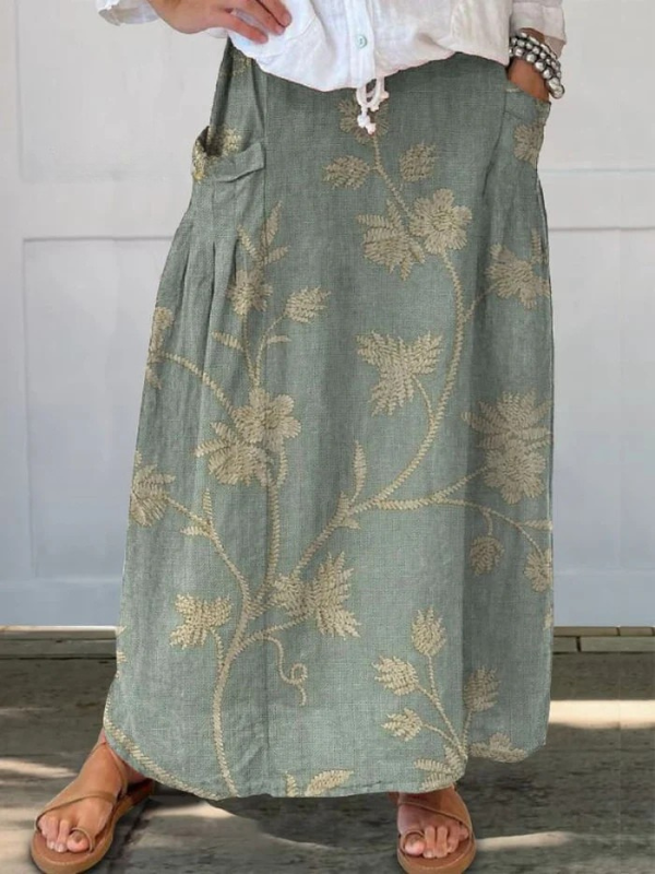Elegant Retro Floral Skirt for Women with Elastic Waistband and Pockets