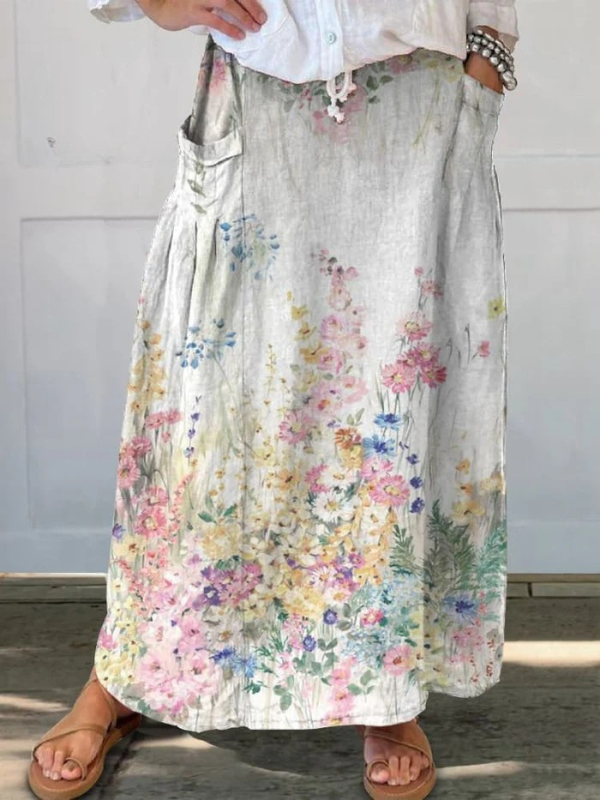Elegant Retro Floral Skirt for Women with Elastic Waistband and Pockets