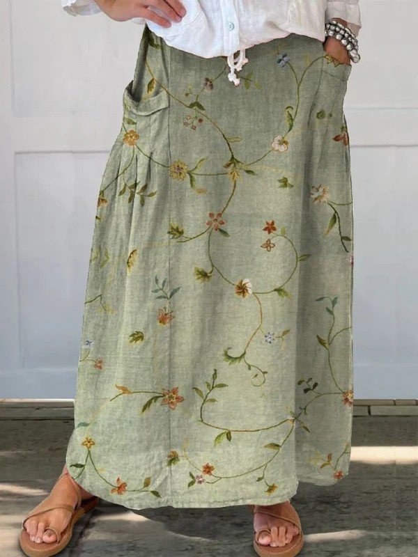 Women's Retro Floral Art Linen Elastic Waist Skirt with Pockets