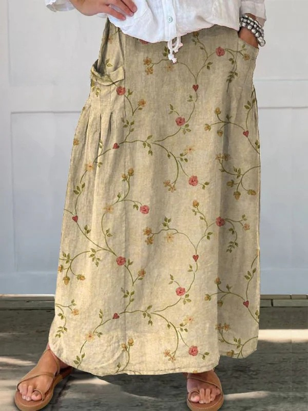 Women's Retro Floral Art Linen Elastic Waist Skirt with Pockets