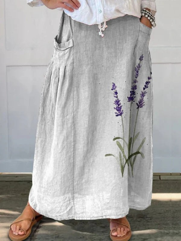 Watercolor Lavender Floral Printed Women's Linen Skirt with Elastic Waistband and Pockets