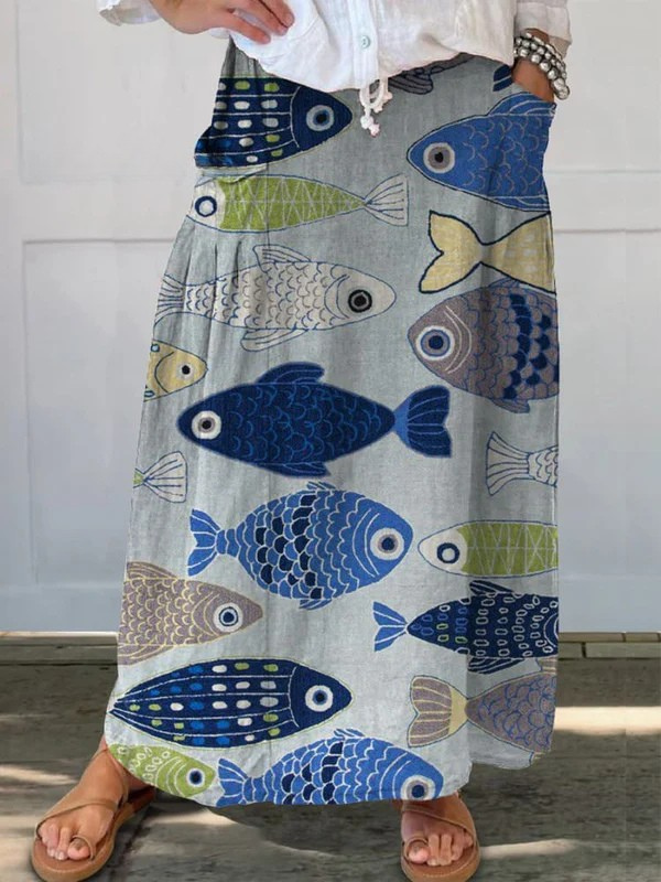 Women's Vintage Love Fish Art Print Linen Bag Skirt