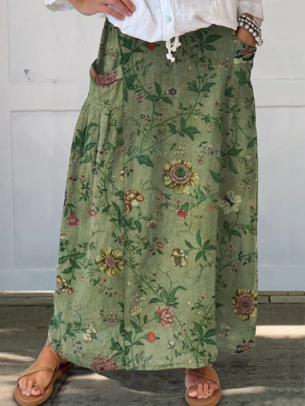 Women's Retro Art Print Linen Skirt