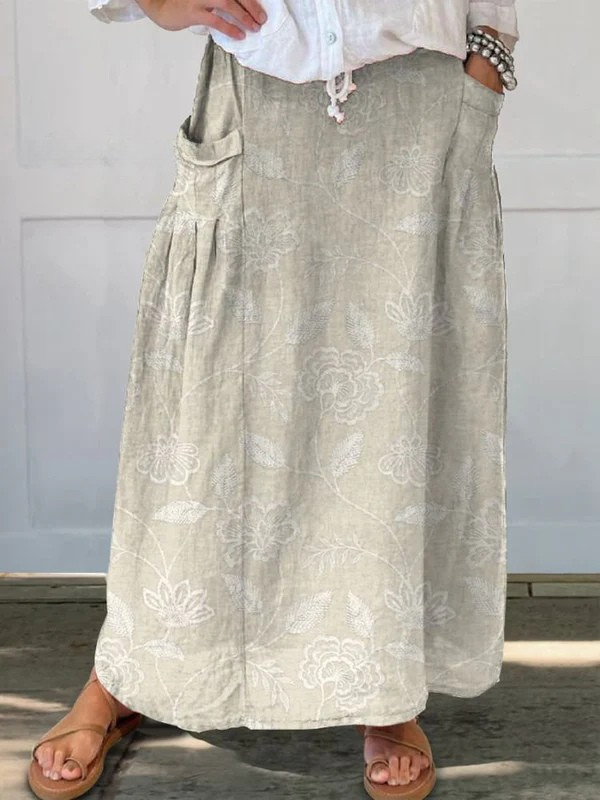 Women's Vintage Floral Art Linen Elastic Waist Skirt with Pockets