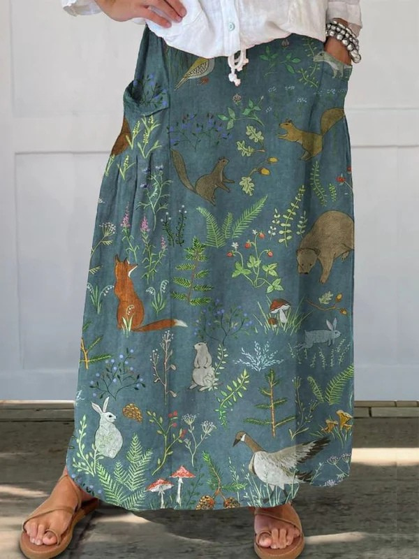 Women's Retro Floral Animal Art Casual Linen Bag Skirt