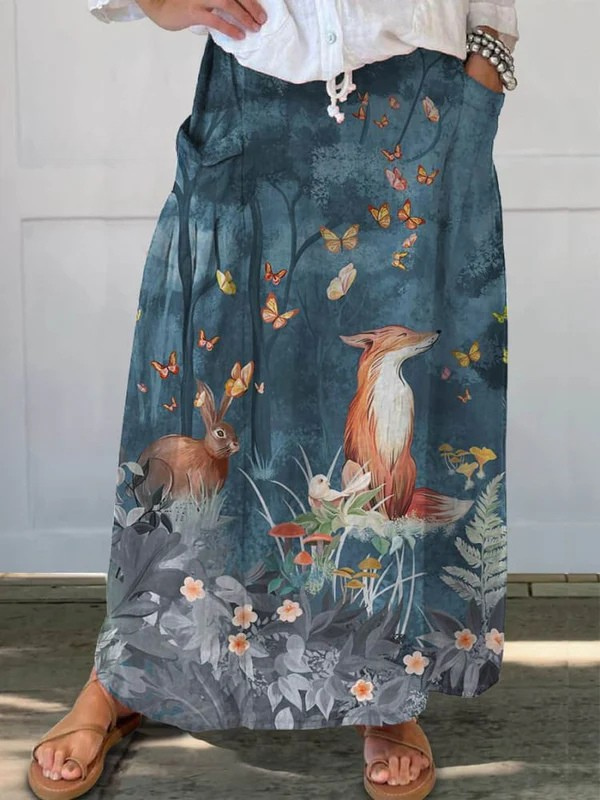 Women's Vintage Floral Animal Art Print Casual Linen A-line Skirt