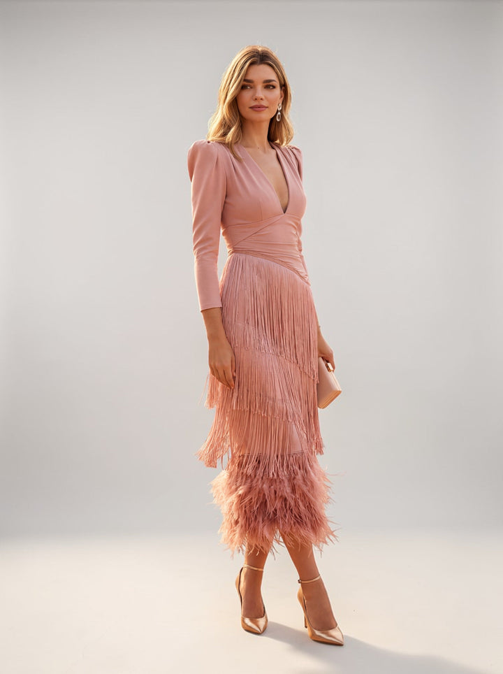 Sofia | Elegant V-Neck Ombre Fringe Dress