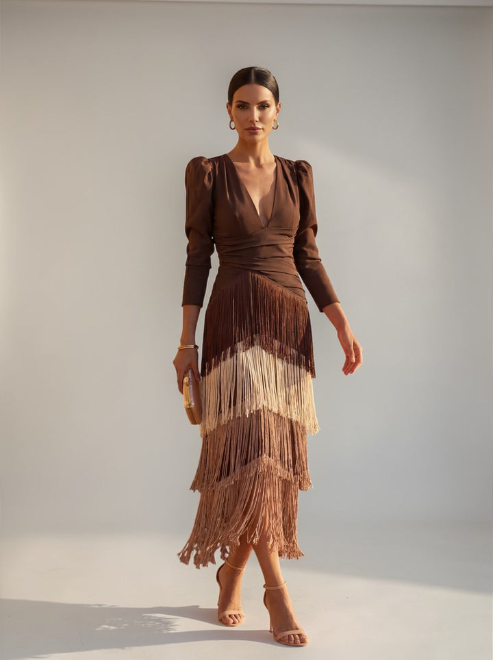 Sofia | Elegant V-Neck Ombre Fringe Dress