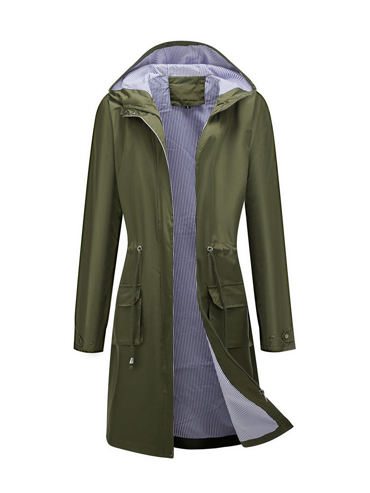 Women’s waterproof raincoat with hood and adjustable drawstring