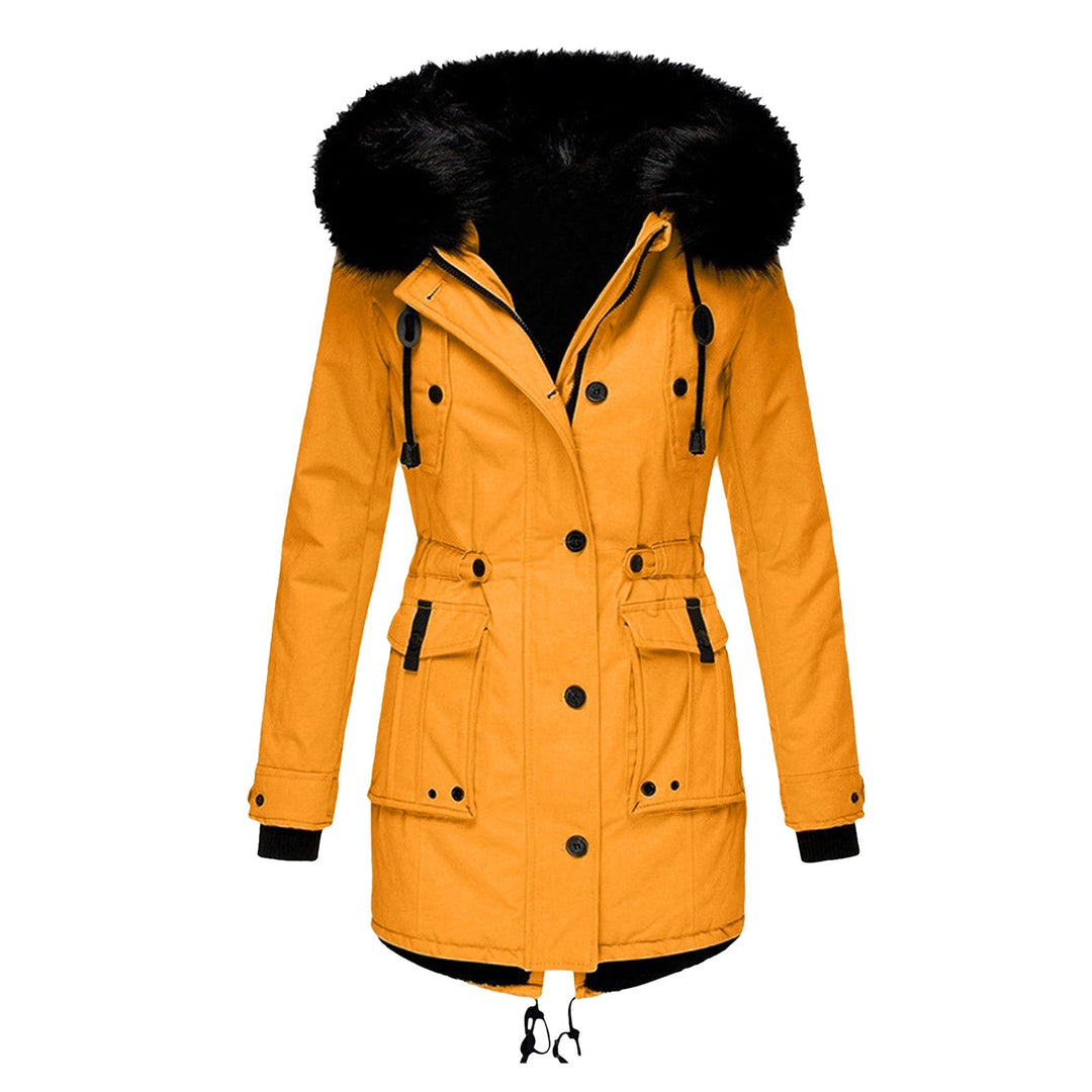 Women's parka with hood, buttons, and pockets
