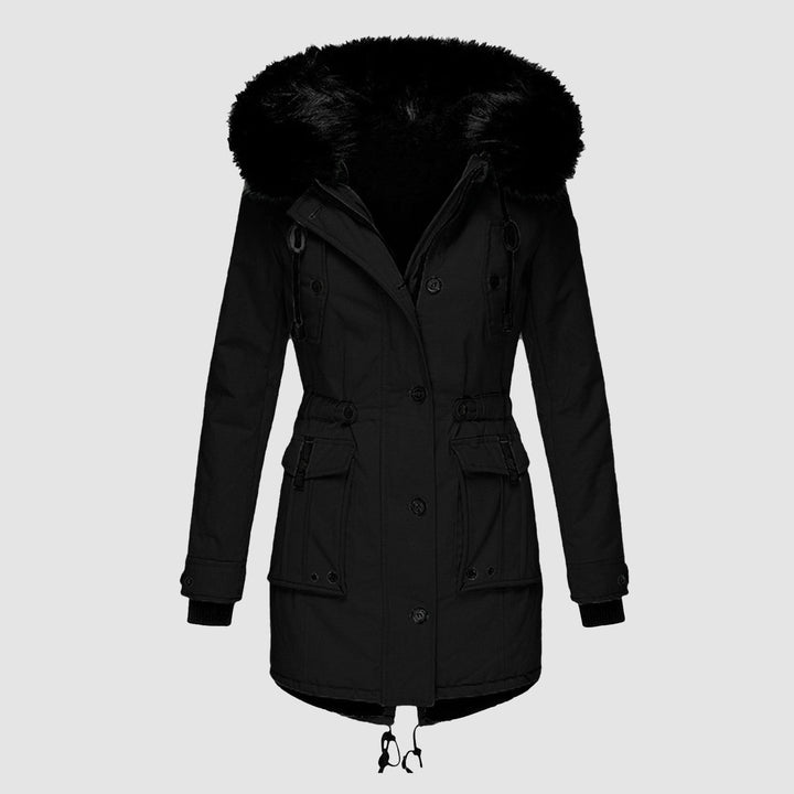 Women's parka with hood, buttons, and pockets